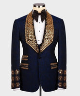 Navy Blue Men Suits Set 2 Piece Blazer Pants Luxury Crystals Groom Wedding Tuxedo Single Breasted Coat Custom Made Prom Blazer Navy Blue